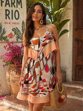 Farm Rio Printed Midi Dress | Rio Summer Tropical Boho Button Front Size Medium